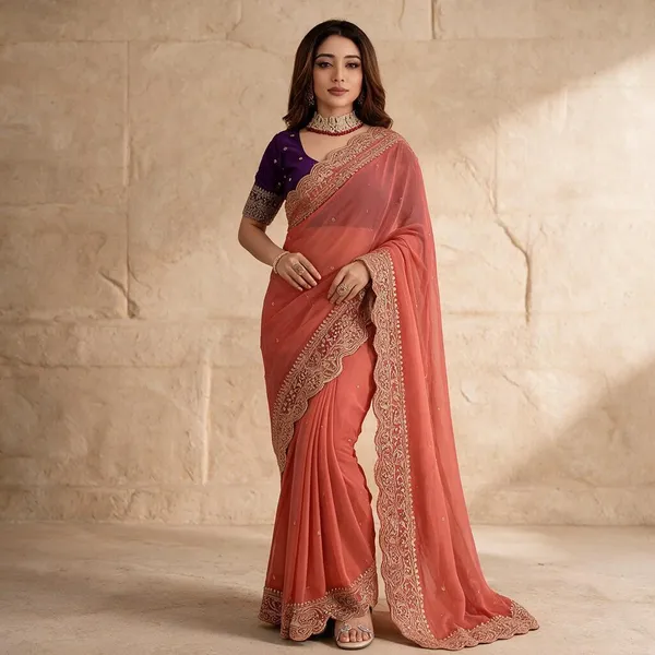 Orange_Embroidered_Georgette_Saree_with_Contrast_Embroidered_Blouse