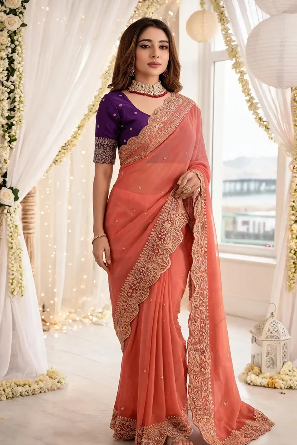 Orange_Embroidered_Georgette_Saree_with_Contrast_Embroidered_Blouse
