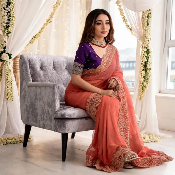 Orange_Embroidered_Georgette_Saree_with_Contrast_Embroidered_Blouse