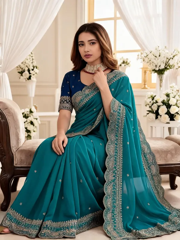 Teal_Embroidered_Georgette_Saree_with_Contrast_Embroidered_Blouse