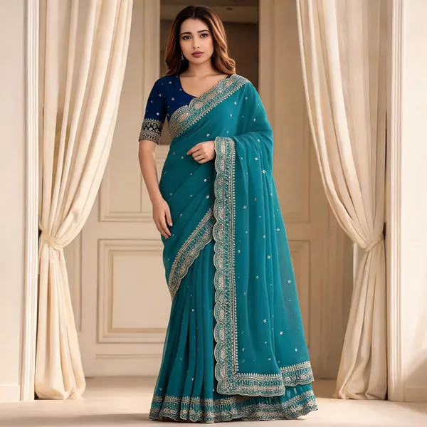 Teal_Embroidered_Georgette_Saree_with_Contrast_Embroidered_Blouse