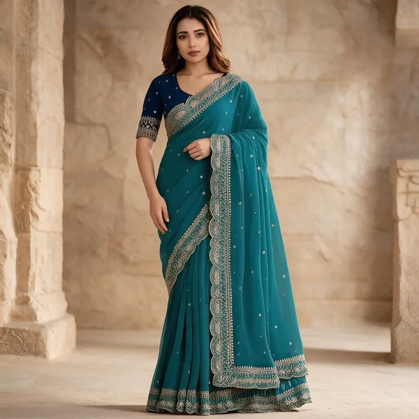 Teal_Embroidered_Georgette_Saree_with_Contrast_Embroidered_Blouse