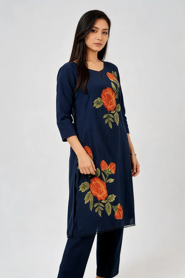 Navy_Blue_Rose_Embroidery_Cotton_Kurta_Pant_Set