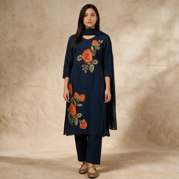 Navy_Blue_Rose_Embroidery_Cotton_Kurta_Pant_Set