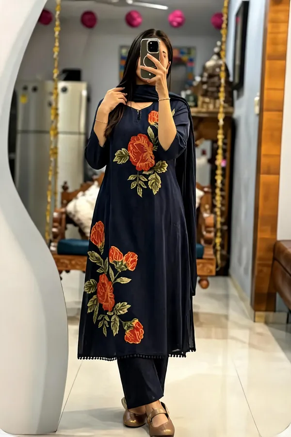 Navy_Blue_Rose_Embroidery_Cotton_Kurta_Pant_Set