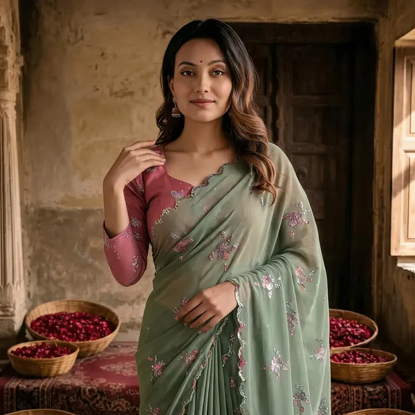 Sage_Green_Georgette_Embroidered_Saree_with_Floral_Sequin_Work_&_Designer_Blouse
