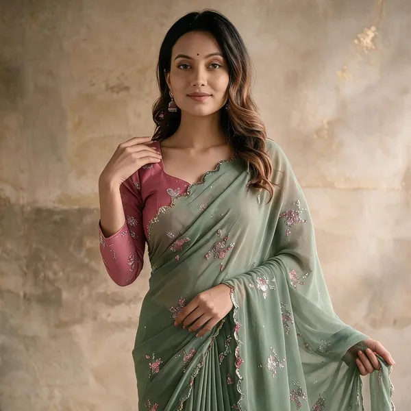 Sage_Green_Georgette_Embroidered_Saree_with_Floral_Sequin_Work_&_Designer_Blouse