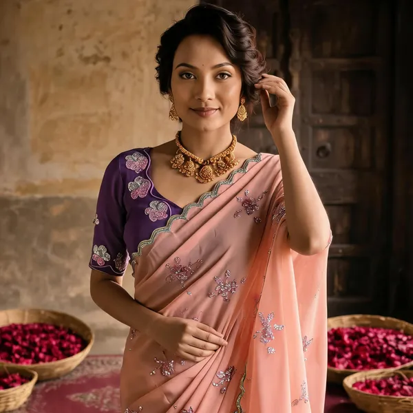 Peach_Pink_Georgette_Embroidered_Saree_with_Floral_Sequin_Work_&_Contrast_Purple_Blouse