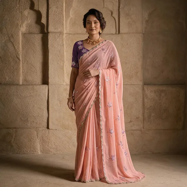 Peach_Pink_Georgette_Embroidered_Saree_with_Floral_Sequin_Work_&_Contrast_Purple_Blouse