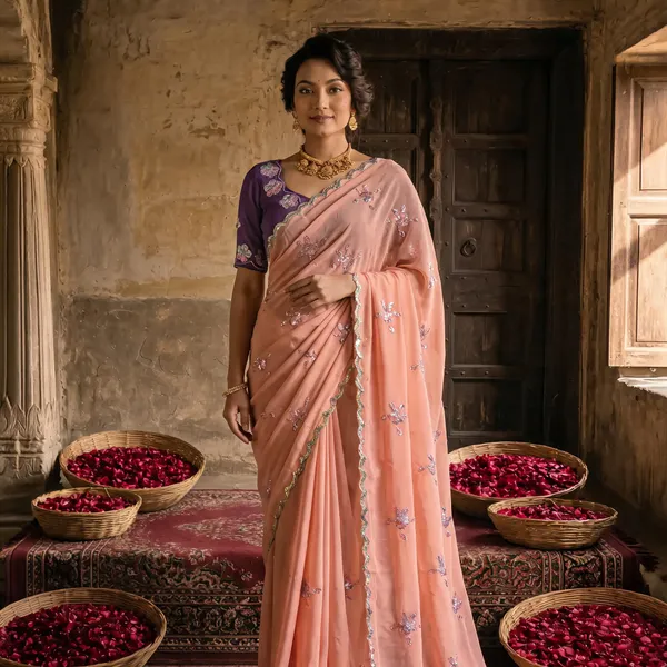 Peach_Pink_Georgette_Embroidered_Saree_with_Floral_Sequin_Work_&_Contrast_Purple_Blouse