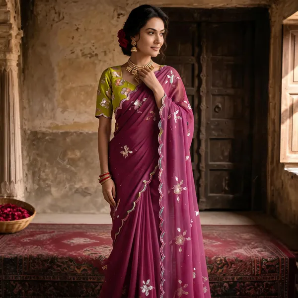 Magenta_Purple_Georgette_Embroidered_Saree_with_Floral_Sequin_Work_&_Contrast_Lime_Green_Blouse