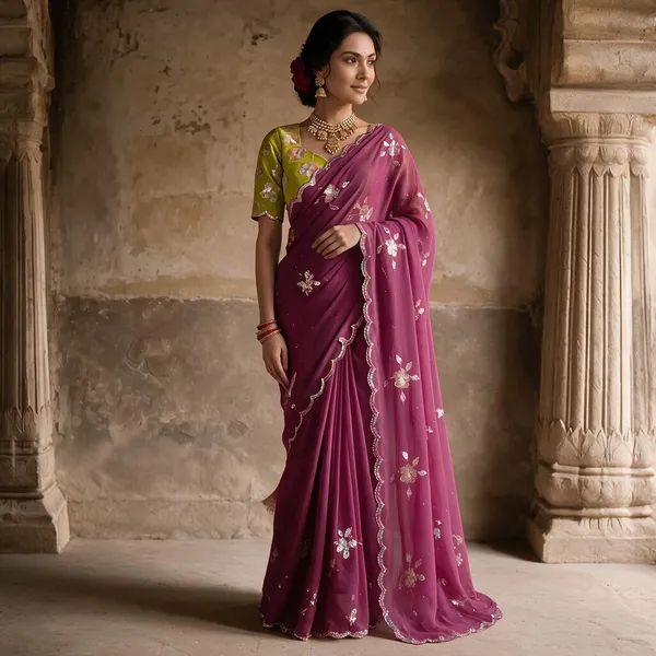 Magenta_Purple_Georgette_Embroidered_Saree_with_Floral_Sequin_Work_&_Contrast_Lime_Green_Blouse