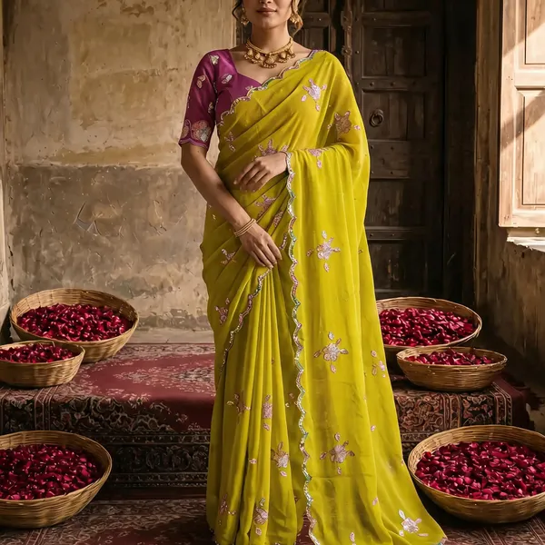 Lime_Yellow_Georgette_Embroidered_Saree_with_Floral_Sequin_Work_&_Contrast_Magenta_Blouse