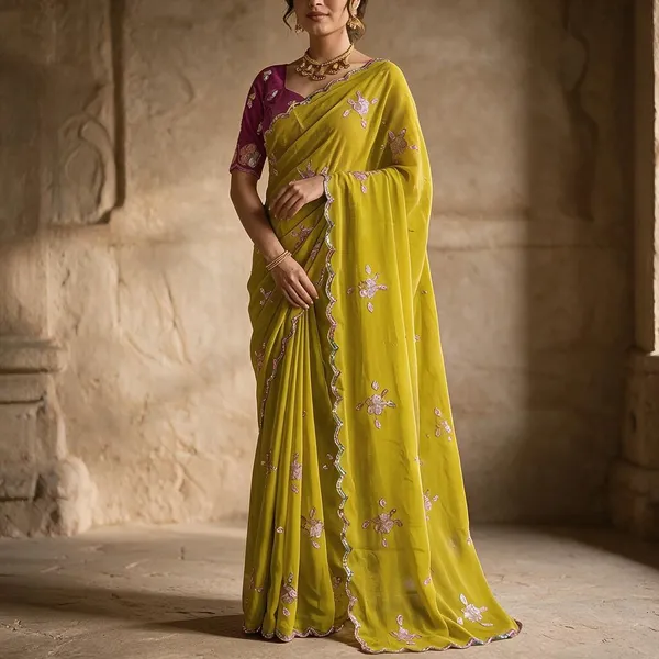 Lime_Yellow_Georgette_Embroidered_Saree_with_Floral_Sequin_Work_&_Contrast_Magenta_Blouse