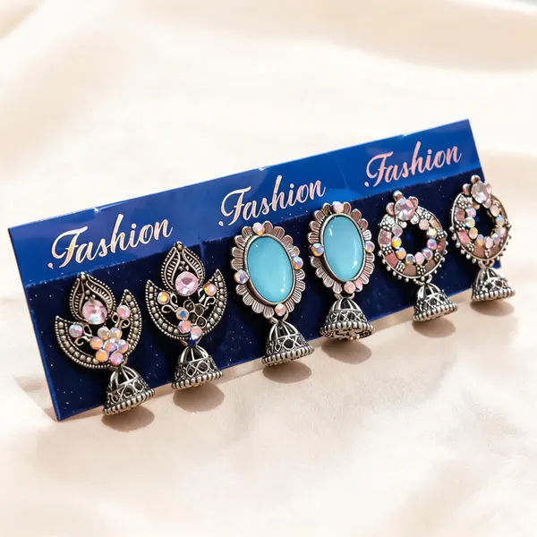 Silver-Tone_Embellished_Jhumka_Earrings_Set_For_Women