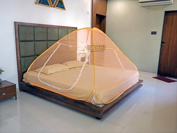 Jaquard_Printed_Coloured_Tent_Mosquito_Net_For_Double_Bed_Foldable_Portable_Pop_Up_Machardani_With_Zipper_Door_Orange