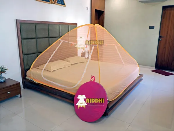 Jaquard_Printed_Coloured_Tent_Mosquito_Net_For_Double_Bed_Foldable_Portable_Pop_Up_Machardani_With_Zipper_Door_Orange