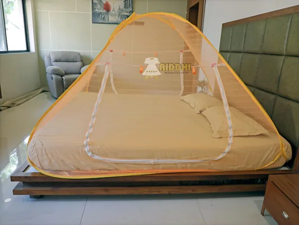 Jaquard_Printed_Coloured_Tent_Mosquito_Net_For_Double_Bed_Foldable_Portable_Pop_Up_Machardani_With_Zipper_Door_Orange