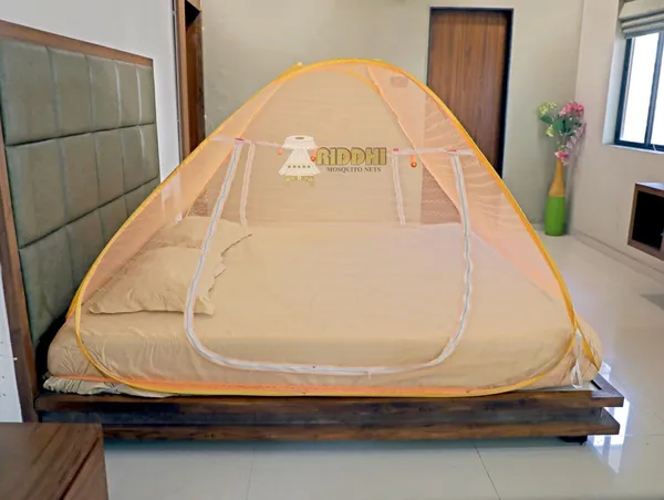 Jaquard_Printed_Coloured_Tent_Mosquito_Net_For_Double_Bed_Foldable_Portable_Pop_Up_Machardani_With_Zipper_Door_Orange