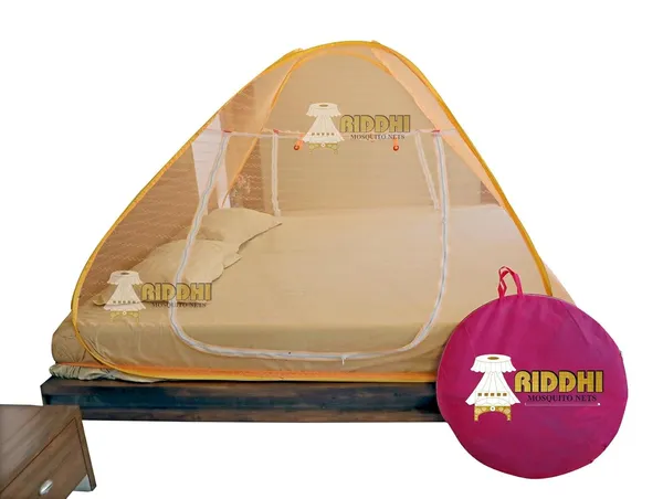Jaquard_Printed_Coloured_Tent_Mosquito_Net_For_Double_Bed_Foldable_Portable_Pop_Up_Machardani_With_Zipper_Door_Orange