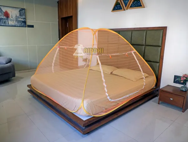 Jaquard_Printed_Coloured_Tent_Mosquito_Net_For_Double_Bed_Foldable_Portable_Pop_Up_Machardani_With_Zipper_Door_Orange