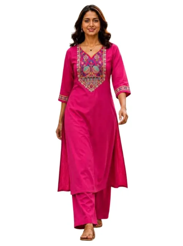 Jd_Enterprise_Women_S_Cotton_Embroidered_Kurta_With_Button_Design_Palazzo_Pant_Set_Straight_Kurti_With_Comfortable_Cotton_Palazzo_Ethnic_Wear_For_Casual