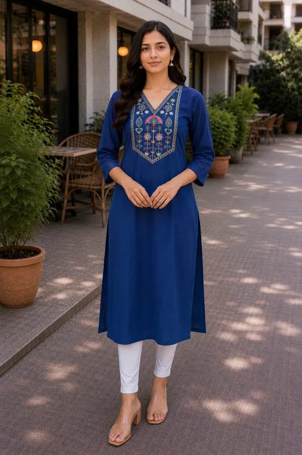 Jd_Enterprise_Women_Cotton_Embroidery_Work_3_4_Sleeve_Round_Neck_Kurti_For_Women