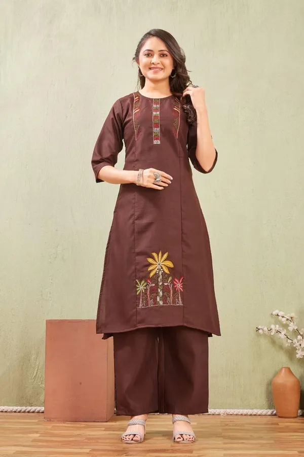 Jd_Enterprise_Women_S_Cotton_Embroidery_Work_Kurti_With_Palazzo_Set_Fully_Stitched_3_4_Sleeves_Round_Neckregular_Fit_Ethnic_Wear_For_Women_Casual_In_Alpha_2xl_Naliyeli_Brown
