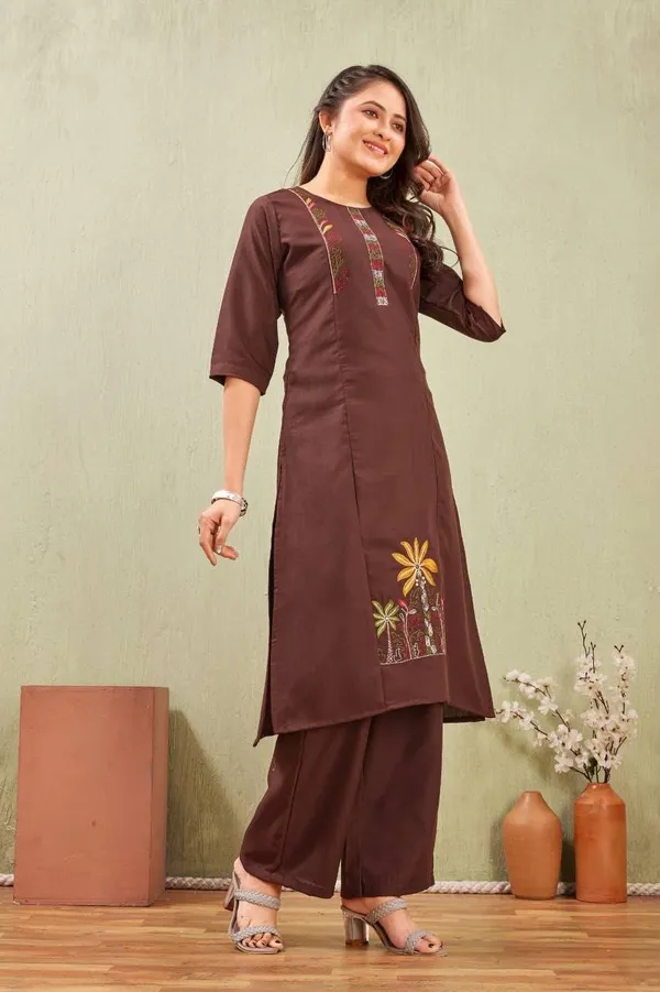 Jd_Enterprise_Women_S_Cotton_Embroidery_Work_Kurti_With_Palazzo_Set_Fully_Stitched_3_4_Sleeves_Round_Neckregular_Fit_Ethnic_Wear_For_Women_Casual_In_Alpha_2xl_Naliyeli_Brown