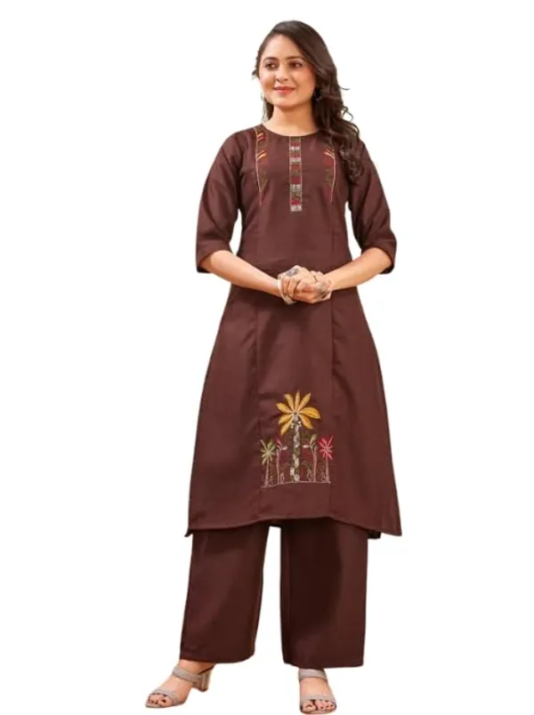 Jd_Enterprise_Women_S_Cotton_Embroidery_Work_Kurti_With_Palazzo_Set_Fully_Stitched_3_4_Sleeves_Round_Neckregular_Fit_Ethnic_Wear_For_Women_Casual_In_Alpha_2xl_Naliyeli_Brown