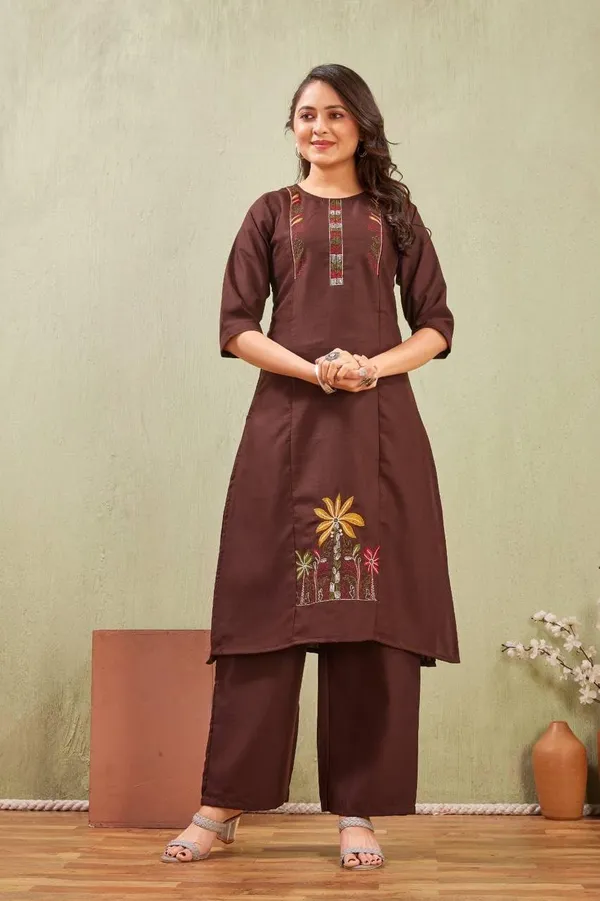 Jd_Enterprise_Women_S_Cotton_Embroidery_Work_Kurti_With_Palazzo_Set_Fully_Stitched_3_4_Sleeves_Round_Neckregular_Fit_Ethnic_Wear_For_Women_Casual_In_Alpha_2xl_Naliyeli_Brown