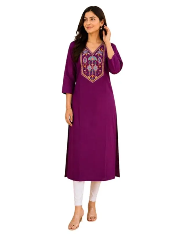 Jd_Enterprise_Women_Cotton_Embroidery_Work_3_4_Sleeve_Round_Neck_Kurti_For_Women