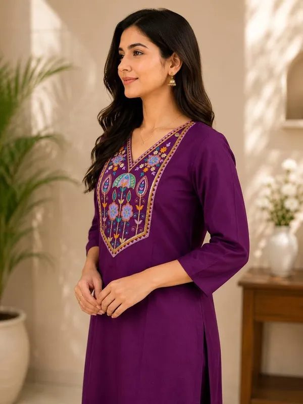 Jd_Enterprise_Women_Cotton_Embroidery_Work_3_4_Sleeve_Round_Neck_Kurti_For_Women
