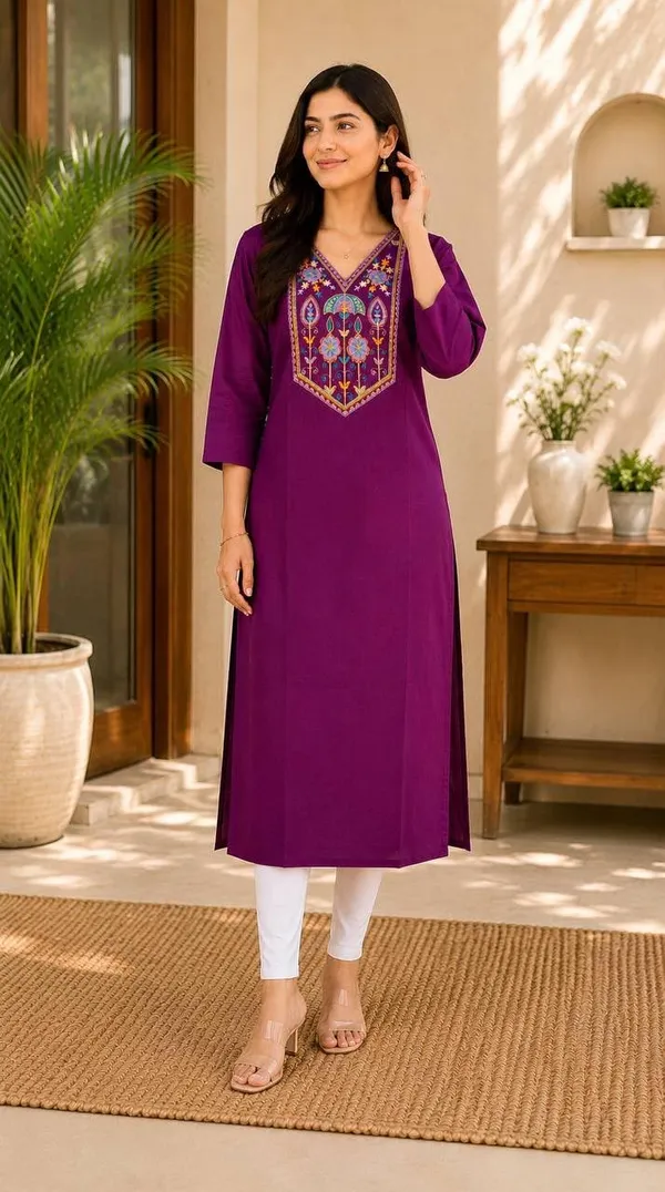 Jd_Enterprise_Women_Cotton_Embroidery_Work_3_4_Sleeve_Round_Neck_Kurti_For_Women