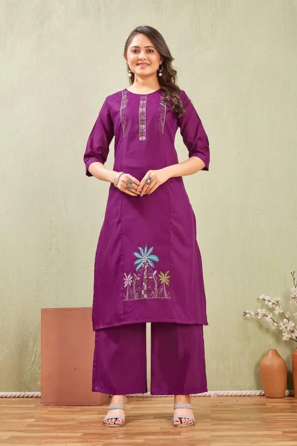 Jd_Enterprise_Women_S_Cotton_Embroidery_Work_Kurti_With_Palazzo_Set_Fully_Stitched_3_4_Sleeves_Round_Neckregular_Fit_Ethnic_Wear_For_Women_Casual_In_Alpha_S_Naliyeli_Purple