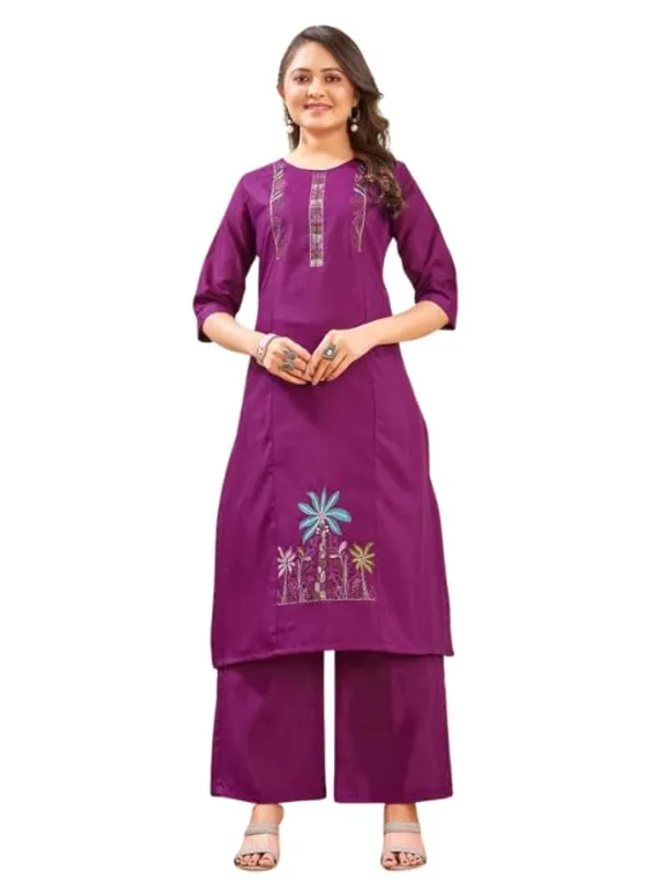 Jd_Enterprise_Women_S_Cotton_Embroidery_Work_Kurti_With_Palazzo_Set_Fully_Stitched_3_4_Sleeves_Round_Neckregular_Fit_Ethnic_Wear_For_Women_Casual_In_Alpha_S_Naliyeli_Purple
