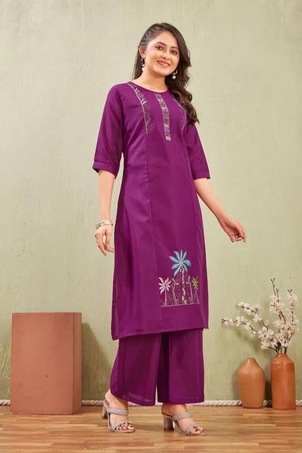 Jd_Enterprise_Women_S_Cotton_Embroidery_Work_Kurti_With_Palazzo_Set_Fully_Stitched_3_4_Sleeves_Round_Neckregular_Fit_Ethnic_Wear_For_Women_Casual_In_Alpha_S_Naliyeli_Purple