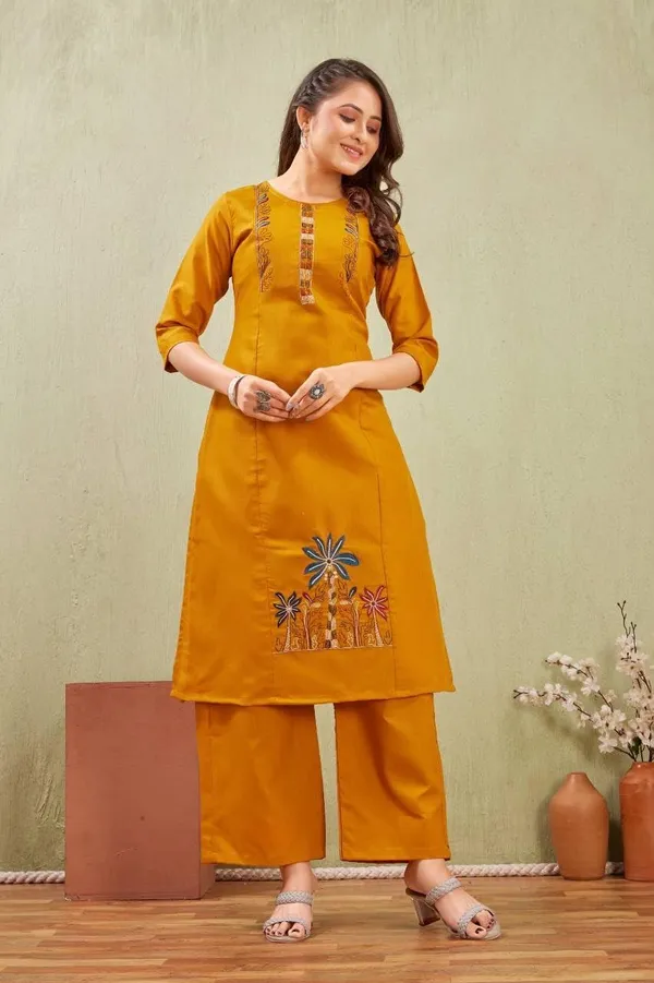 Jd_Enterprise_Women_S_Cotton_Embroidery_Work_Kurti_With_Palazzo_Set_Fully_Stitched_3_4_Sleeves_Round_Neckregular_Fit_Ethnic_Wear_For_Women_Casual_In_Alpha_2xl_Aliyeli_Yellow
