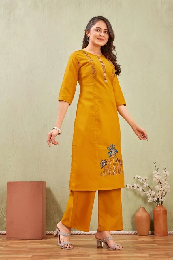 Jd_Enterprise_Women_S_Cotton_Embroidery_Work_Kurti_With_Palazzo_Set_Fully_Stitched_3_4_Sleeves_Round_Neckregular_Fit_Ethnic_Wear_For_Women_Casual_In_Alpha_2xl_Aliyeli_Yellow