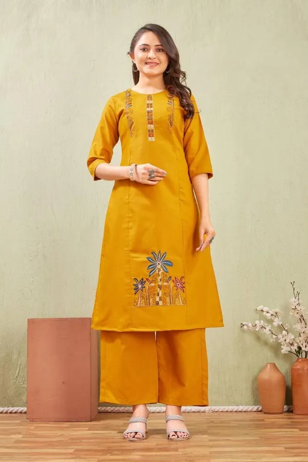 Jd_Enterprise_Women_S_Cotton_Embroidery_Work_Kurti_With_Palazzo_Set_Fully_Stitched_3_4_Sleeves_Round_Neckregular_Fit_Ethnic_Wear_For_Women_Casual_In_Alpha_2xl_Aliyeli_Yellow