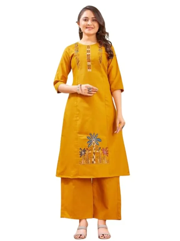 Jd_Enterprise_Women_S_Cotton_Embroidery_Work_Kurti_With_Palazzo_Set_Fully_Stitched_3_4_Sleeves_Round_Neckregular_Fit_Ethnic_Wear_For_Women_Casual_In_Alpha_2xl_Aliyeli_Yellow