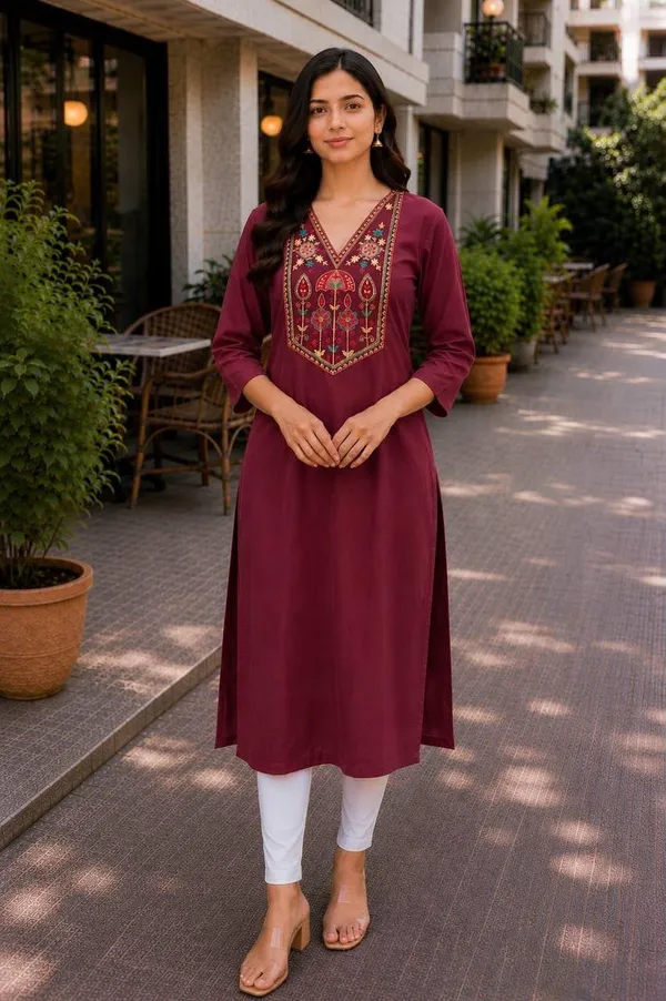 Jd_Enterprise_Women_Cotton_Embroidery_Work_3_4_Sleeve_Round_Neck_Kurti_For_Women