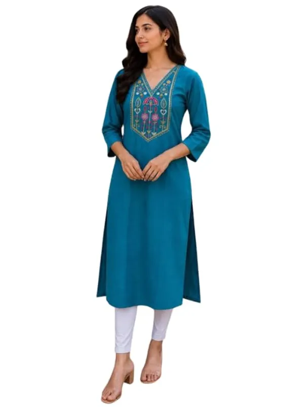 Jd_Enterprise_Women_Cotton_Embroidery_Work_3_4_Sleeve_Round_Neck_Kurti_For_Women