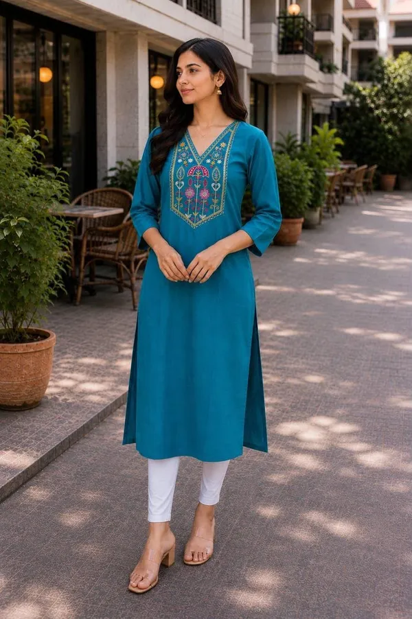 Jd_Enterprise_Women_Cotton_Embroidery_Work_3_4_Sleeve_Round_Neck_Kurti_For_Women