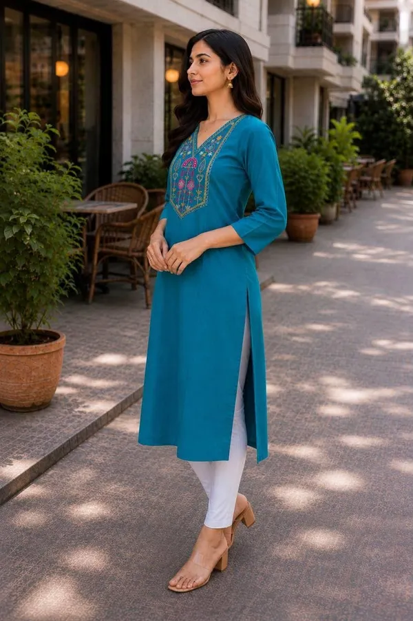 Jd_Enterprise_Women_Cotton_Embroidery_Work_3_4_Sleeve_Round_Neck_Kurti_For_Women