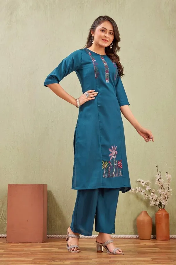 Jd_Enterprise_Women_S_Cotton_Embroidery_Work_Kurti_With_Palazzo_Set_Fully_Stitched_3_4_Sleeves_Round_Neckregular_Fit_Ethnic_Wear_For_Women_Casual_In_Alpha_Xl_Naliyeli_Teal