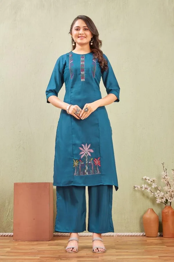 Jd_Enterprise_Women_S_Cotton_Embroidery_Work_Kurti_With_Palazzo_Set_Fully_Stitched_3_4_Sleeves_Round_Neckregular_Fit_Ethnic_Wear_For_Women_Casual_In_Alpha_Xl_Naliyeli_Teal