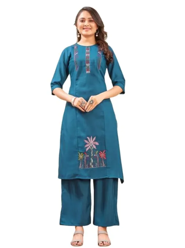 Jd_Enterprise_Women_S_Cotton_Embroidery_Work_Kurti_With_Palazzo_Set_Fully_Stitched_3_4_Sleeves_Round_Neckregular_Fit_Ethnic_Wear_For_Women_Casual_In_Alpha_Xl_Naliyeli_Teal