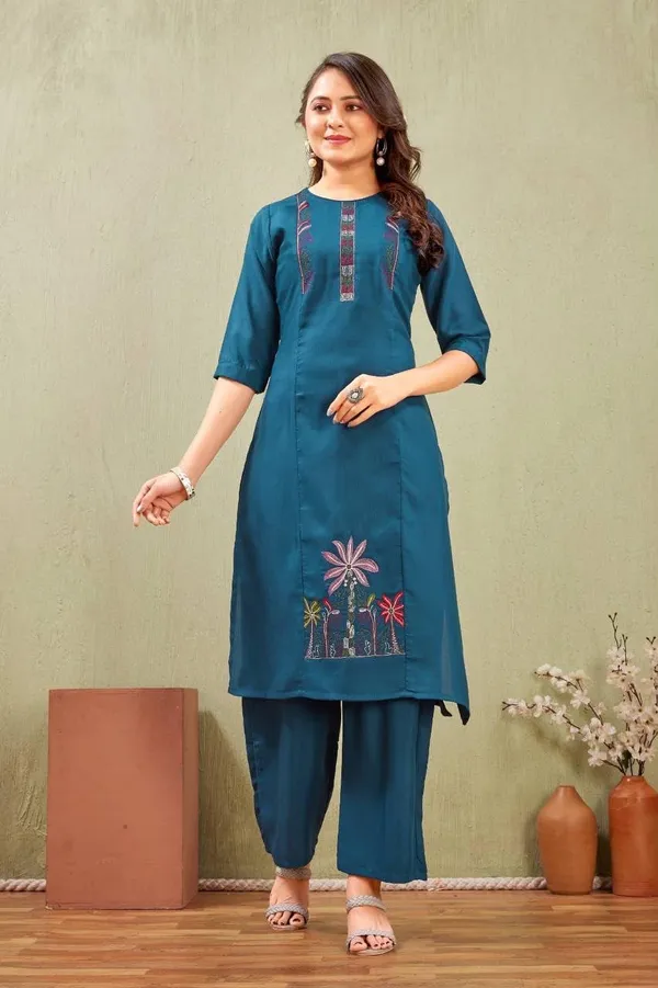 Jd_Enterprise_Women_S_Cotton_Embroidery_Work_Kurti_With_Palazzo_Set_Fully_Stitched_3_4_Sleeves_Round_Neckregular_Fit_Ethnic_Wear_For_Women_Casual_In_Alpha_Xl_Naliyeli_Teal