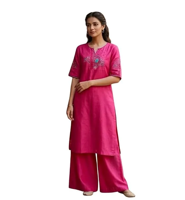 Women_S_Cotton_Straight_Kurta_With_Palazzos_Set_Featuring_Tree_Embroidery_Three_Quarter_Sleeves_Round_Nack_Kurta_Set_For_Women
